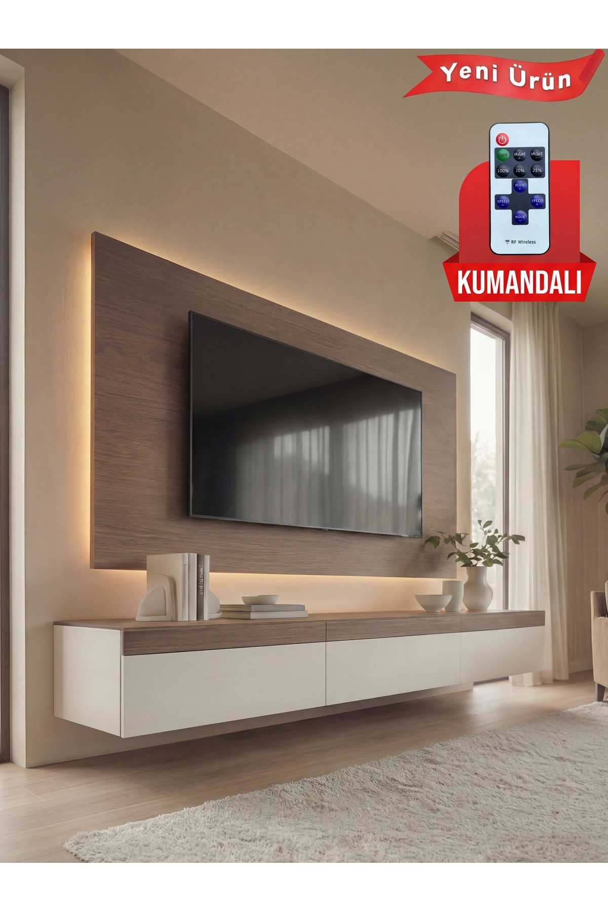 PURELINE LEDLİ DUVAR TV ÜNİTESİ 180 CM CEVİZ CEVİZ