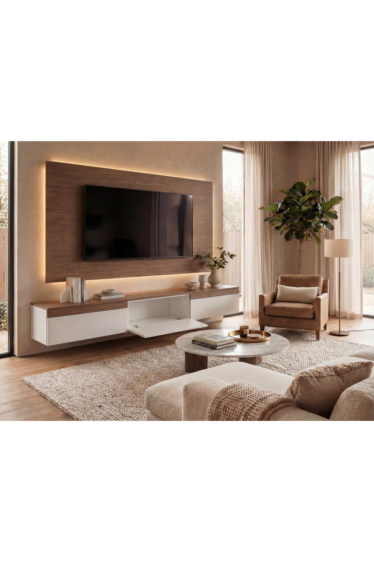 PURELINE LEDLİ DUVAR TV ÜNİTESİ 180 CM CEVİZ CEVİZ - Görsel 3