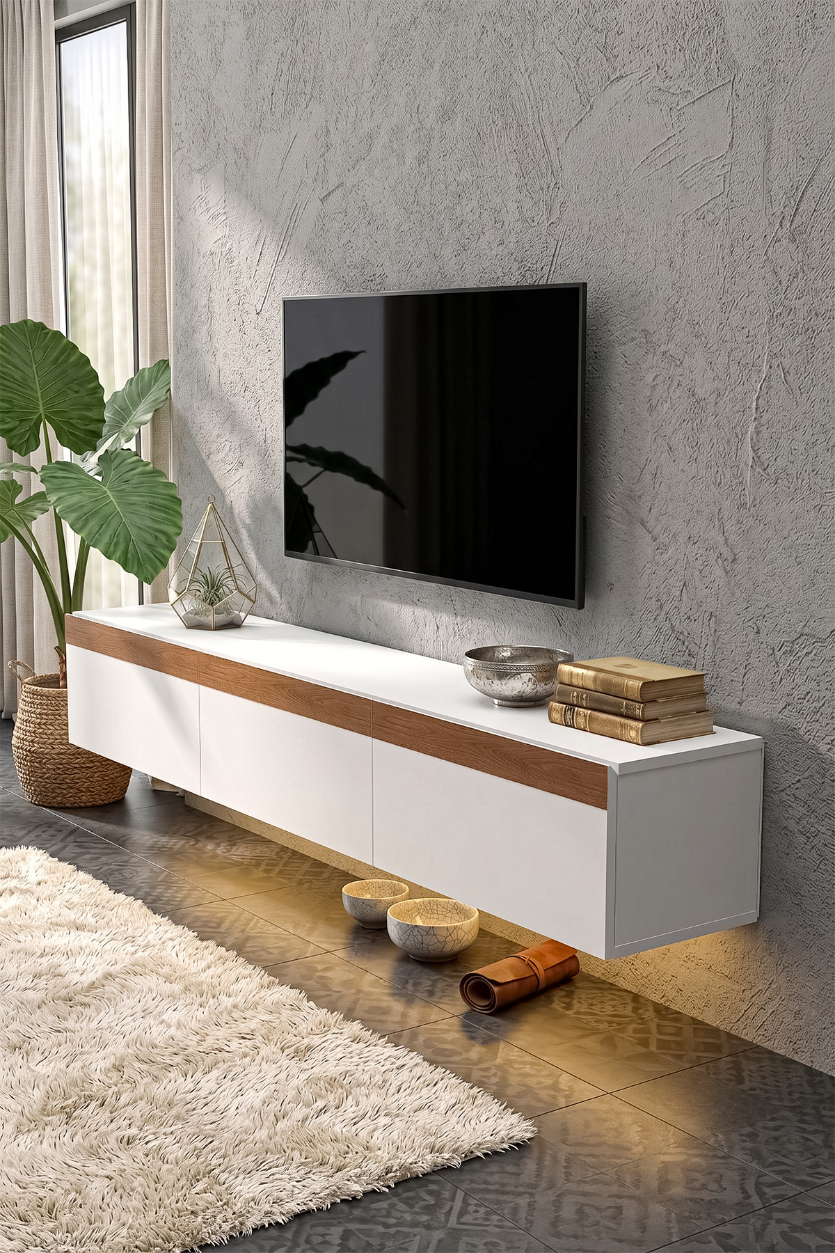 Pureline Tech Led Işıklı TV Ünitesi 180 cm - Modern TV Sehpası - Beyaz - Görsel 5