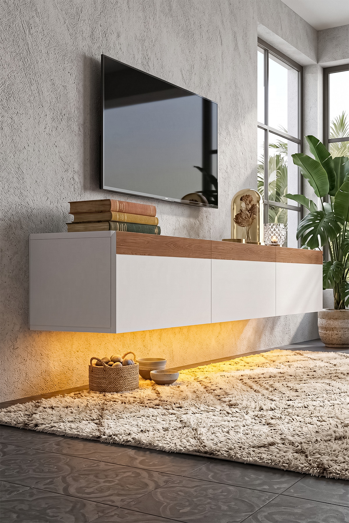 Pureline Tech Led Işıklı TV Ünitesi 180 cm - Modern TV Sehpası - Beyaz - Görsel 3