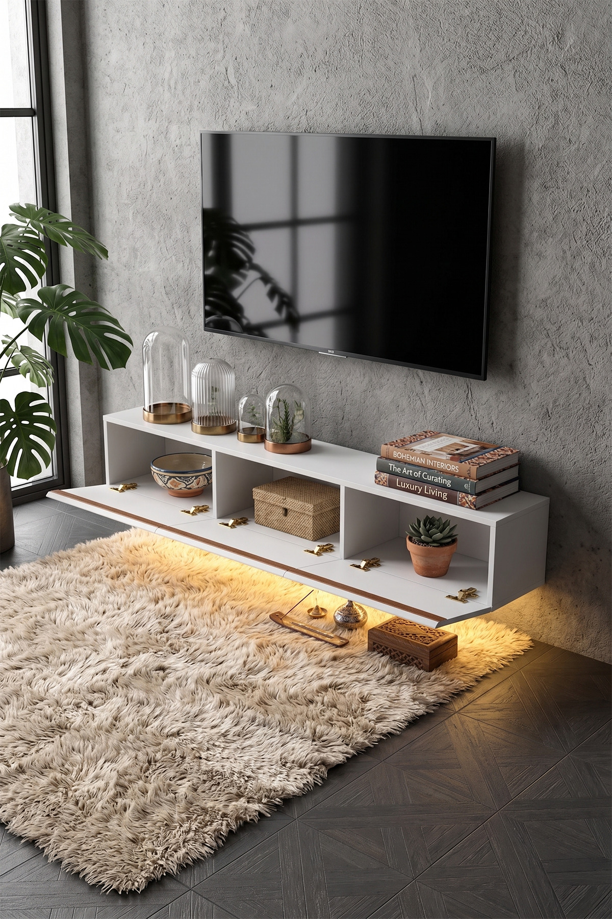 Pureline Tech Led Işıklı TV Ünitesi 180 cm - Modern TV Sehpası - Beyaz - Görsel 2